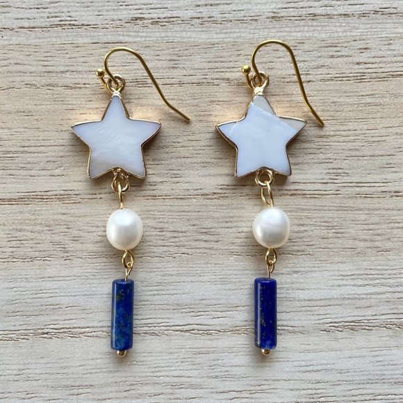 Earring Pearl, Lapis and Mother of Pearl Gold Star, 18KT Plated  Dangle earring - Picture 3 of 4